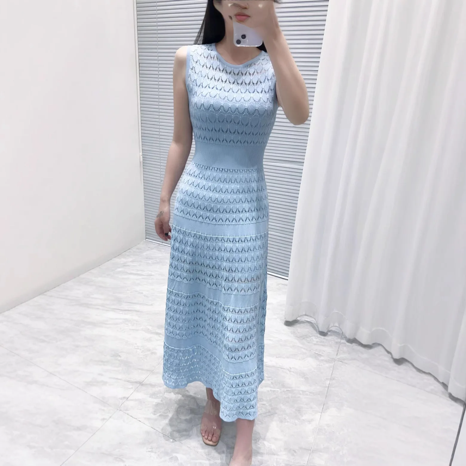 女性ブルーラウンドネックニットドレスノースリーブハイウエストフェスティバルパーティーミディローブ