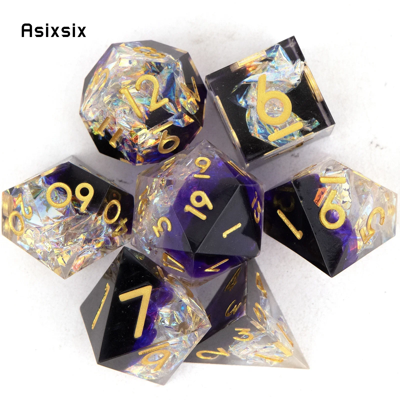 

7 Pcs Purple White Golden Number Sharp Edge Resin Dice Polyhedral Dice Suitable For Role-Playing Dice TOY