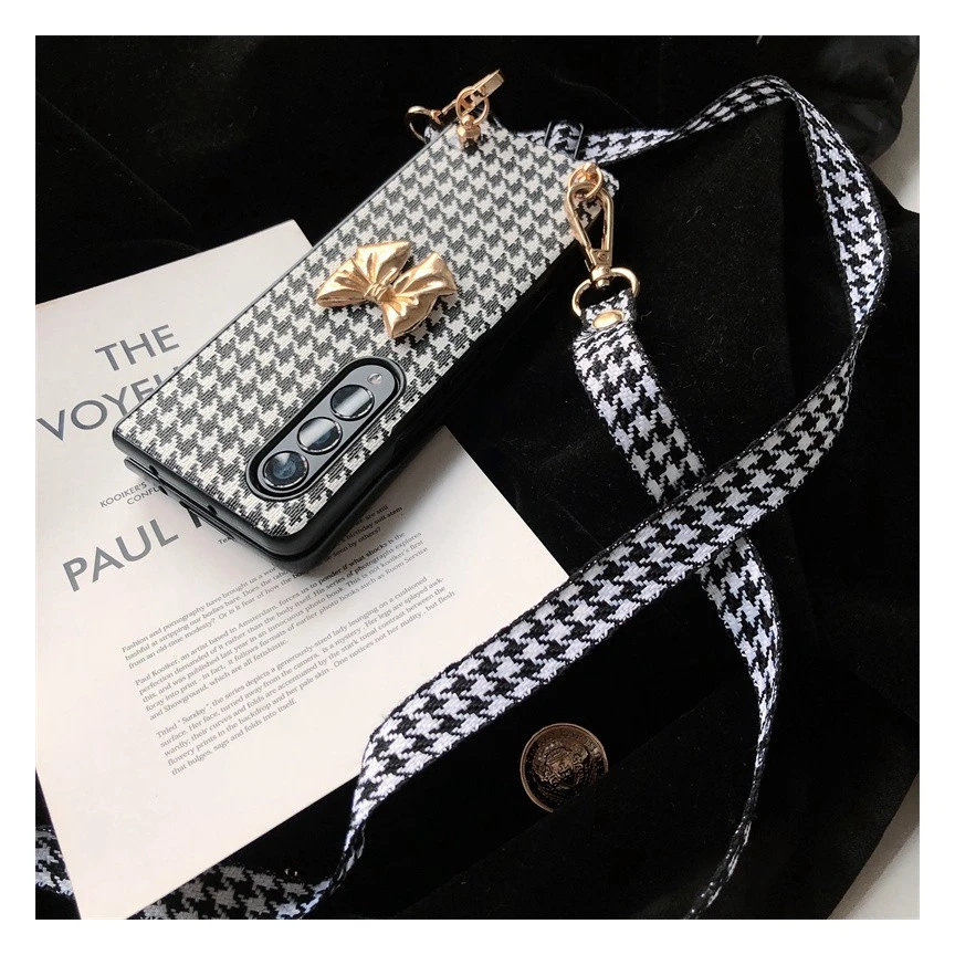 Luxury 3D Bow Houndstooth Phone Case For Samsung Galaxy Z Fold 6 5 4 3 2 5G Back Cover With Crossbody Rope for Woman Girl