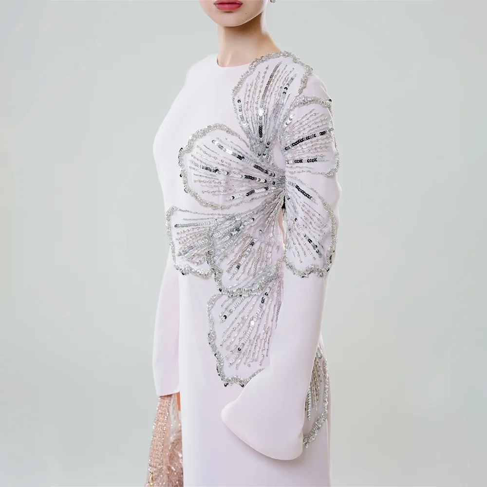 

High Quality Long Sleeves Formal Pink Evening Dress Delicate Sequined O-Neck Party Dress Straight Celebrity Gowns