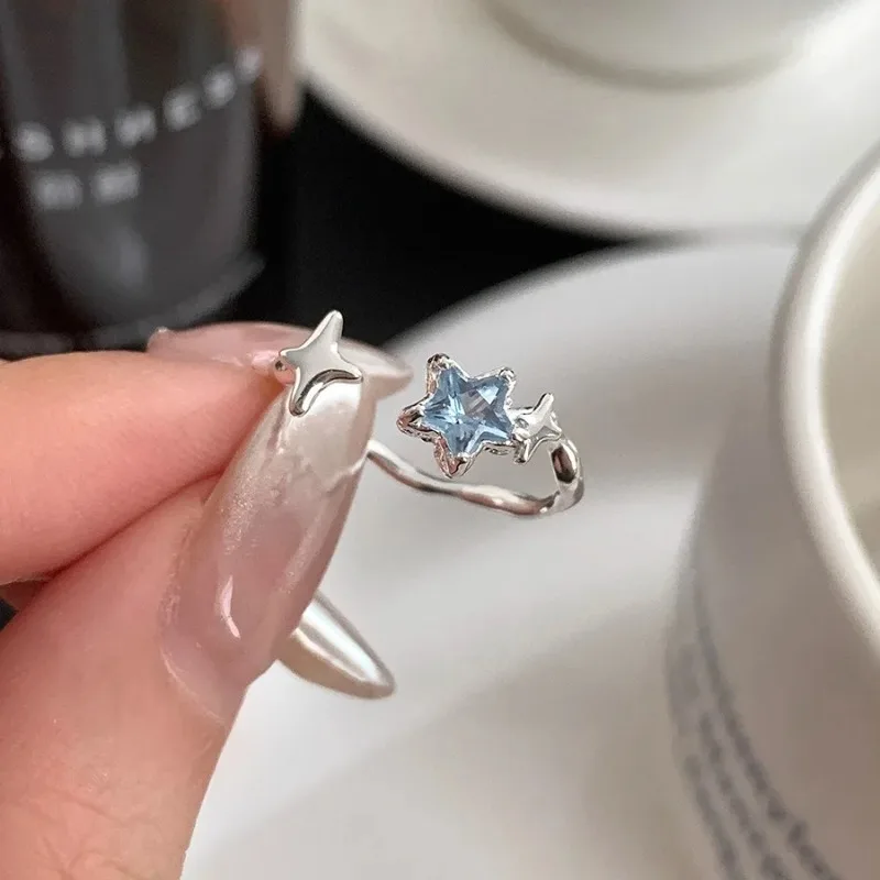 Silver Stars Ring for Women Blue Crystal Opening Sweet Romance Irregular Versatile Jewelry Gift new