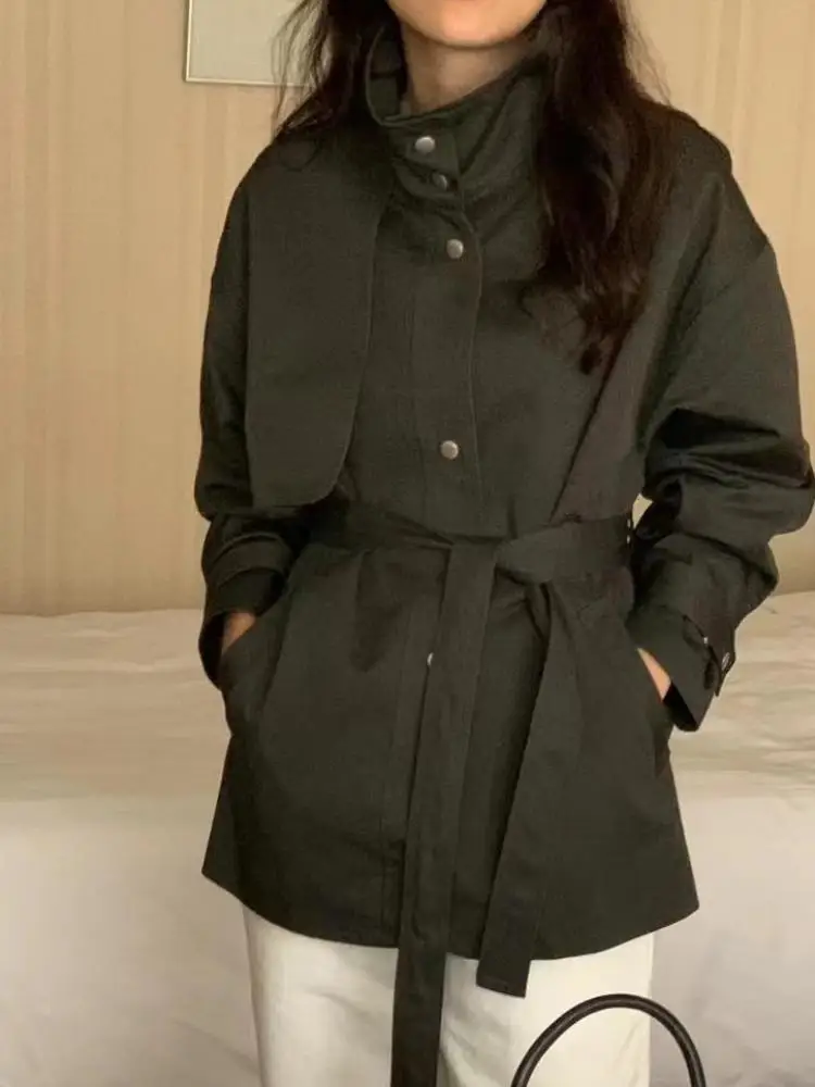 

Korean Women's Black Elegant Vacation Bandage Short Coat Autumn Winter Beige Single Breasted Long Sleeved Versatile Jackets Tops