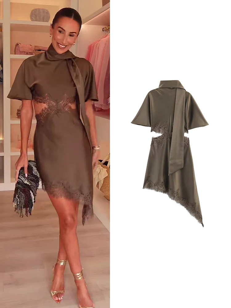 TFMLN Neues Damenkleid mit Ausschnitten, Schal-Ausschnitt, Spitzenbesatz, Partykleid, unregelmäßiger Saum, Urlaubskleid, Sommer 2026, sexy Kleider