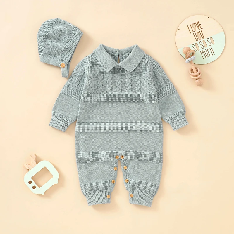 Cotton Baby Rompers Knit Newborn Girl Boy Jumpsuit Outfits Long Sleeve Autumn Infant Kid Clothing Hat 2PC Onesies 0-18M Playsuit