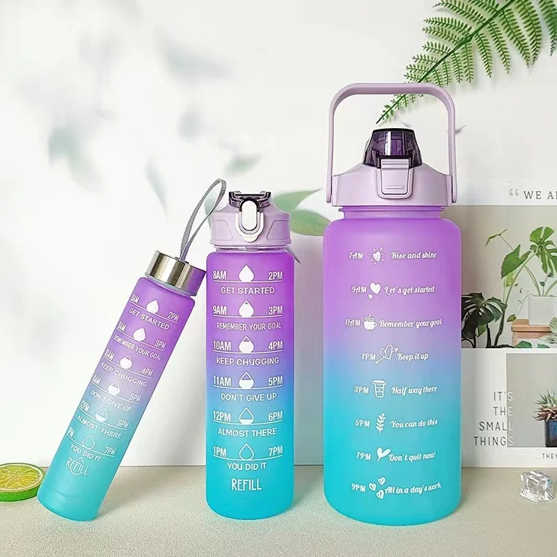 3pcs Leak-Proof Sports Water Bottles: Spill-Proof, Straw-Enabled, Time-Marked, Motivational for Office, School, Gym, and Workout