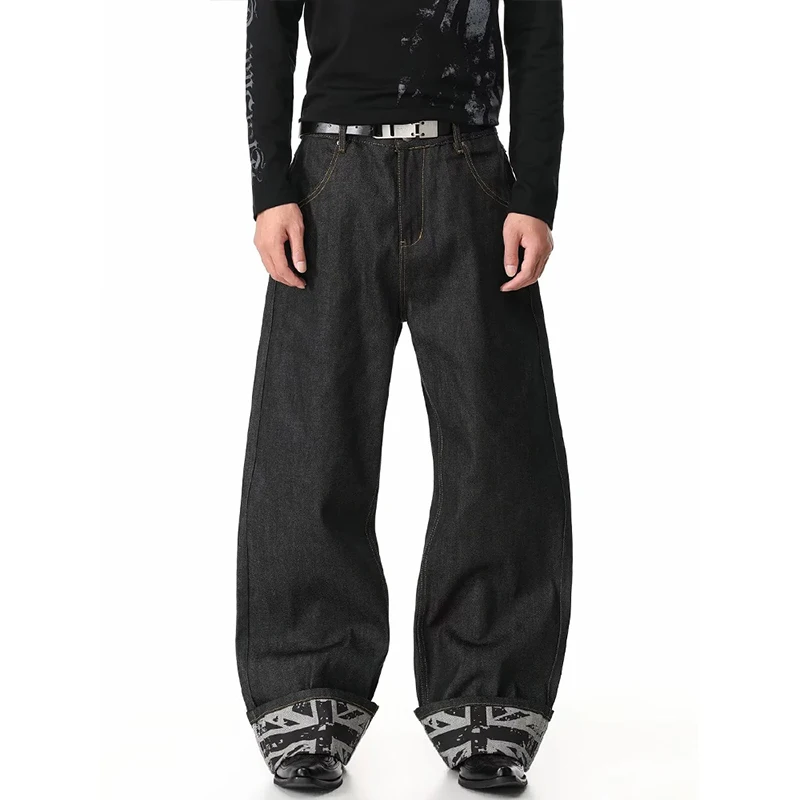 2026 Trendy American Structure Pleated Raw Cow Jeans for Men in Autumn with Folded Ankles and Printed Straight Loose Casual Trou
