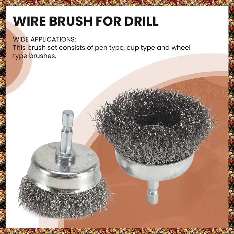 BTCL 9PC Coarse Crimped Wire Wheel Cup Pen Brush Set For Drill,Carbon Steel Wire Brush With Hex Shank For Removing Paint