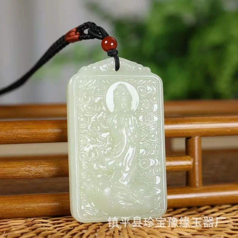 Hotan Station , Green And White Jade Guanyin Riding A Buddha Statue Pendant Men