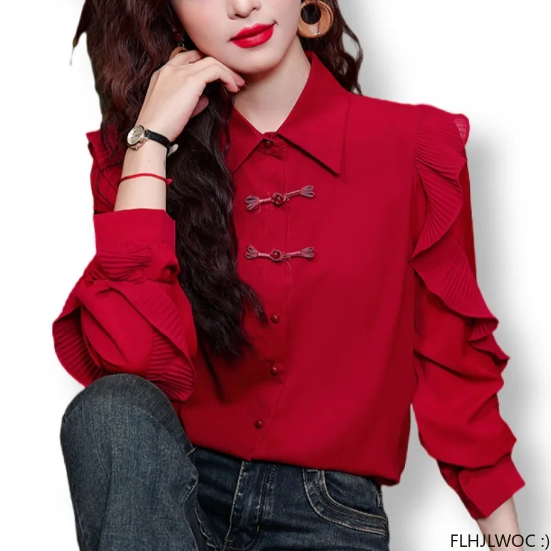 Hot Sales Chi-pao Collar Design Button Ruffles Tops 2024 Women Date Girls Elegant Retro Red Shirt Blouse Vintage