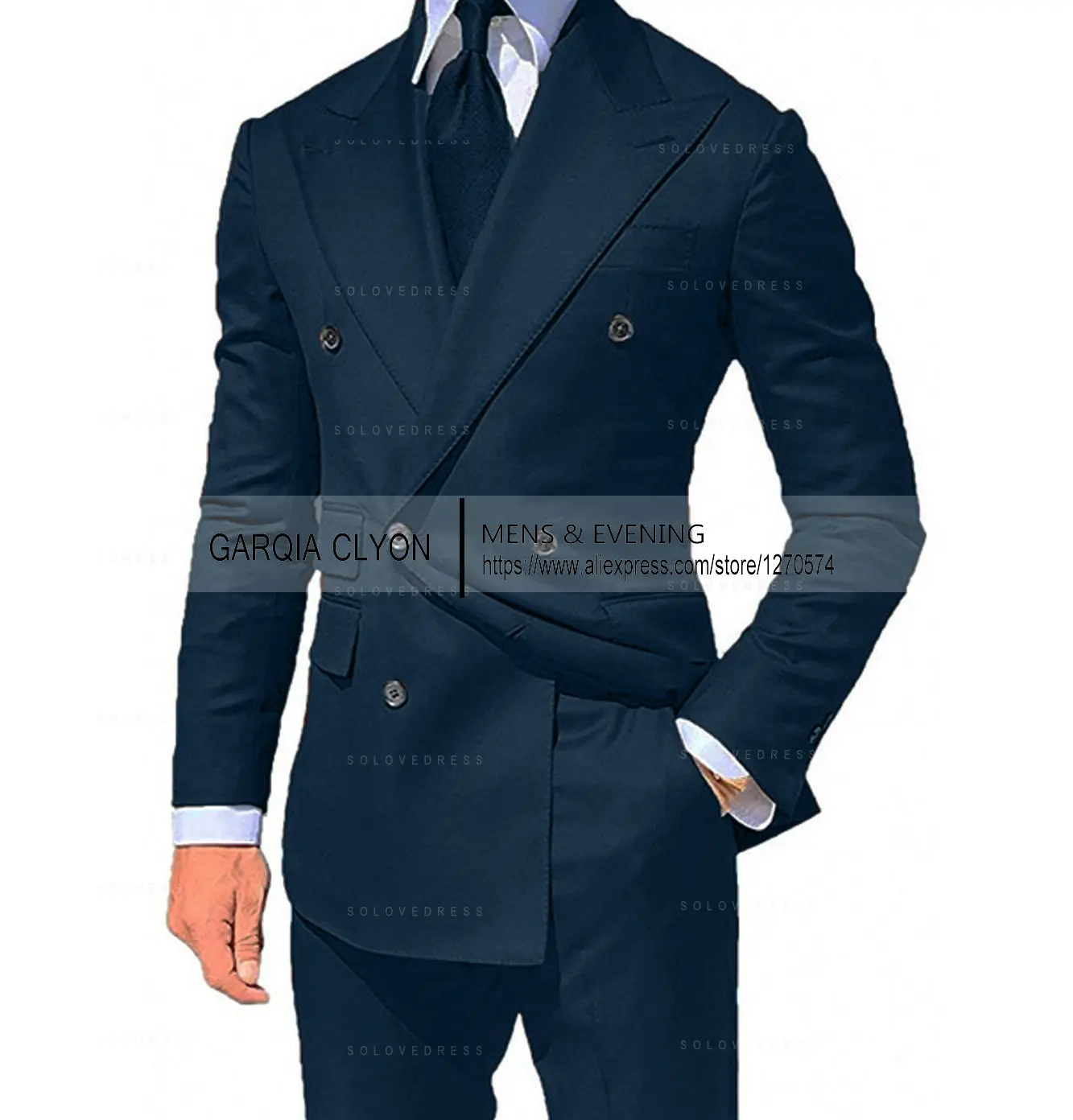 Navy Blue Mans’ Suits Double Breasted Jacket Pants Set Costume Homme Formal Slim Fit Tuxedo Groom 2-Piece Wedding Peaked Lapel