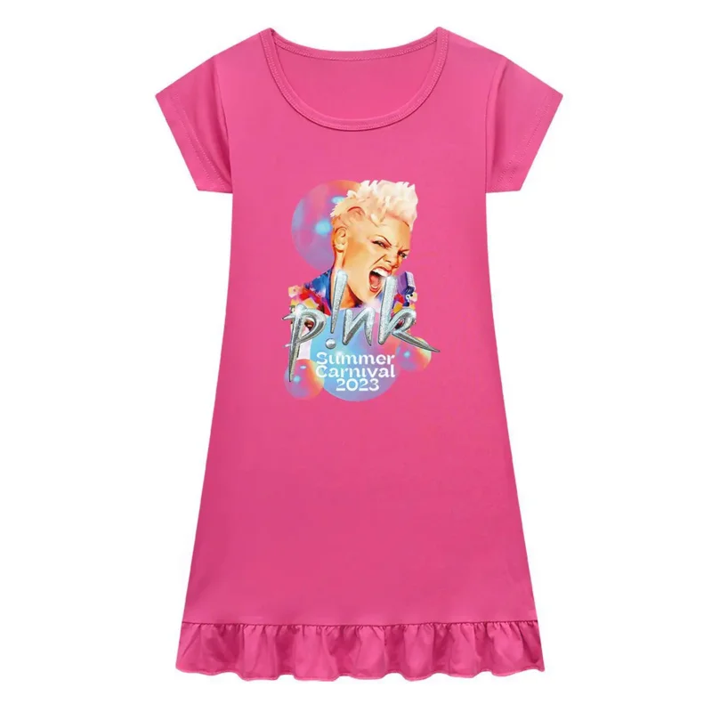 P!nk nightdress baby girl pajamas dresses children Music Summer Carnival 2023 nightgown home clothes kids sleepwear gelalik