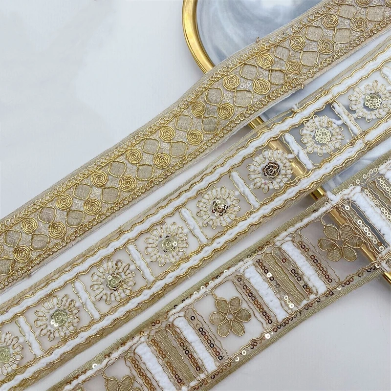 1 Yards Embroidered Lace Appliques Sequined Lace Ribbon Sewing Apparel Trims Fabric DIY Materail Accessories