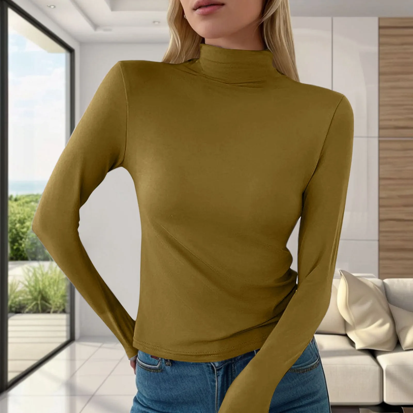 2024 Women Autumn Winter Basic Top Long Sleeve Turtleneck T-Shirt Solid Color Ladies Slim Tees Tops