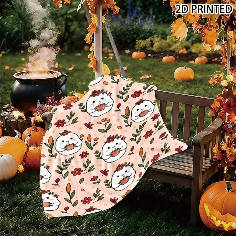 Whimsical Ghost with Flower Crown Print Throw Blanket, Soft Pastel Light Peach Base with Floral Accents, Multiple Specifications