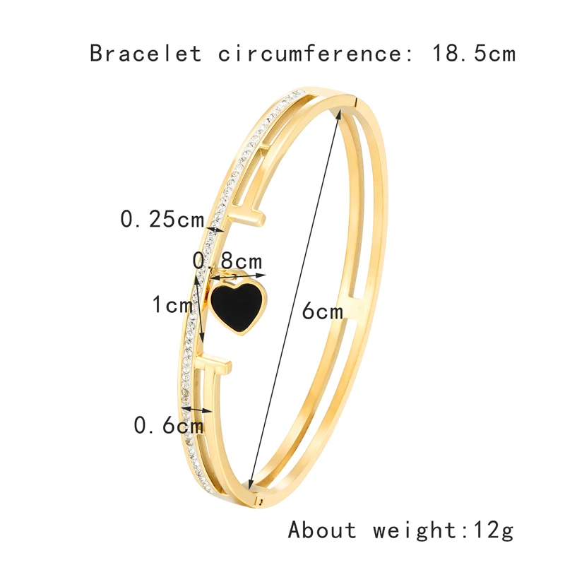 High Quality Crystal T Black Heart Pendant Unique Design  Stainless Steel Bracelet Lady Love Bangle Jewelry Gifts Wholesale