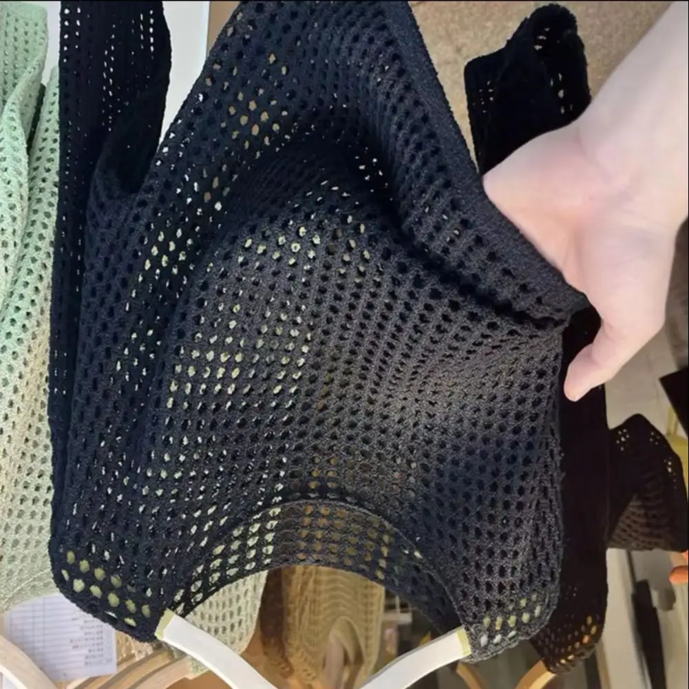 

Sunscreen Cover Up Round Neck Long Sleeve Solid Color Knitting Tops Loose Fit Hollow Knitted Design Women Sunscreen Shirt