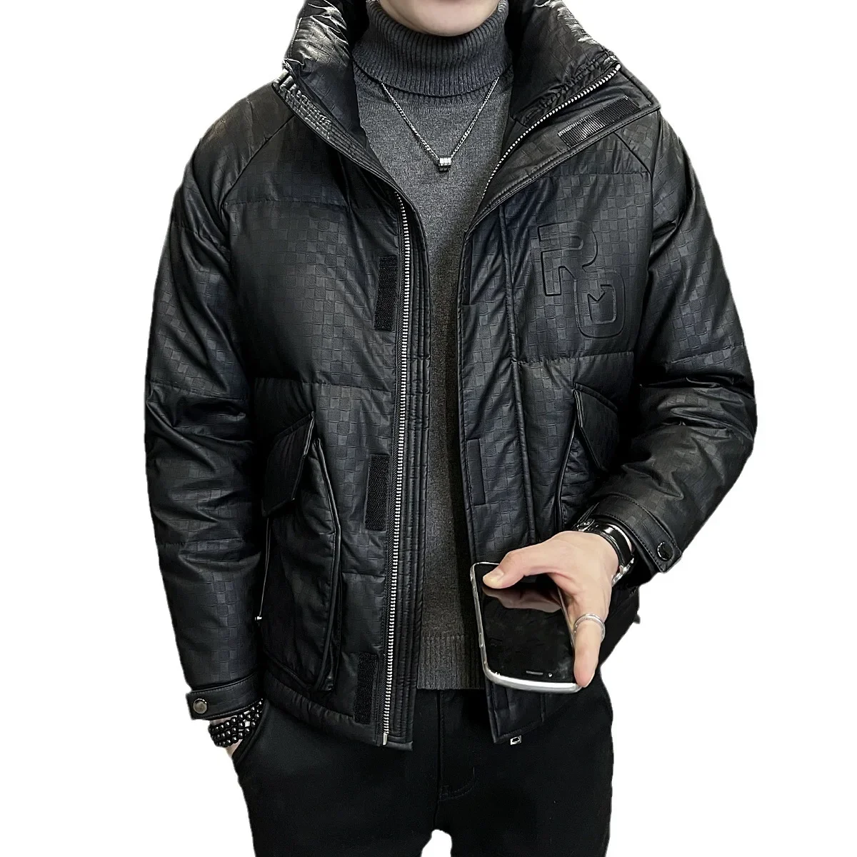 Chaqueta de plumón de cuero PU de lujo de alta gama, ropa para hombre, abrigo cálido de plumón de pato blanco a prueba de viento, Tops cortos, prendas de vestir exteriores de manga larga, tendencia