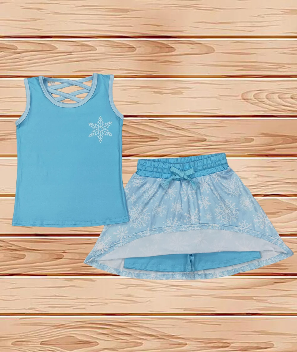 

3.31 Wholesale Western Boutique children clothing Baby Girls Blue Snowflake Princess Shirt Skirt Skort Clothes Sets