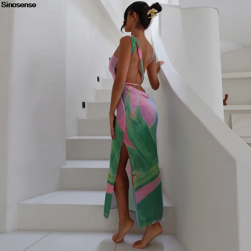 Women's Summer Bodycon Tie Dye Dress Sleeveless Crew Neck Backless Side Slit Slim Fit Going Out Date Night Club Party Maxi Dress