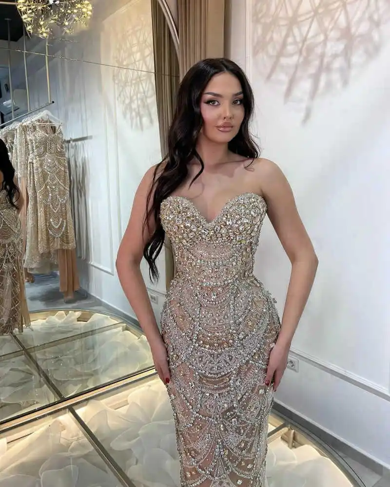 섹시한 하이넥 크리스탈 프롬 드레스 반짝이는 라인스톤 이브닝 드레스 맞춤형 바닥 길이 비즈 파티 가운