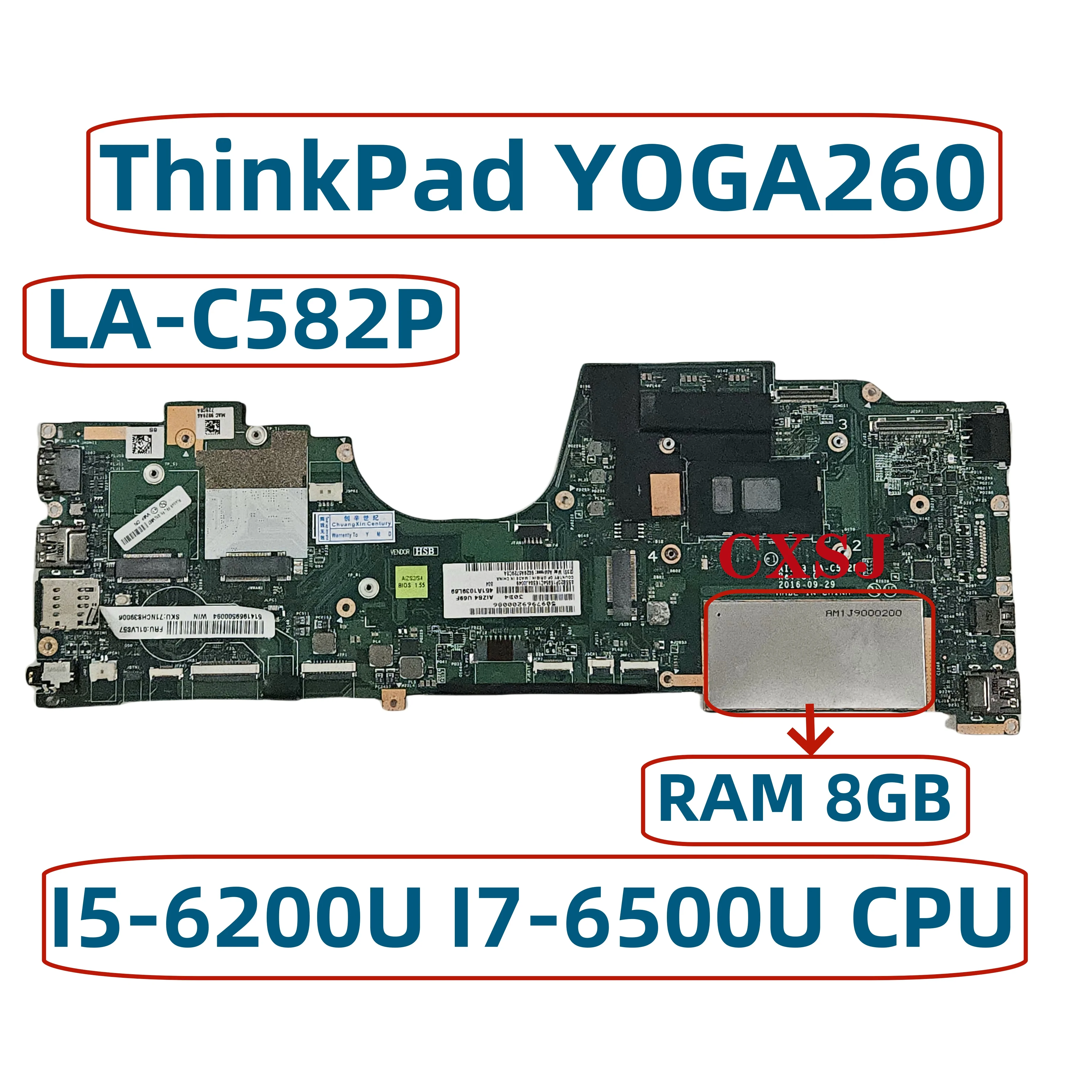 00NY978 AIZS3 LA-C582P For Lenovo ThinkPad YOGA260 Yoga 260 Laptop Motherboard With CPU I5-6200/6300U I7-6500/6600U 8G Mainboard