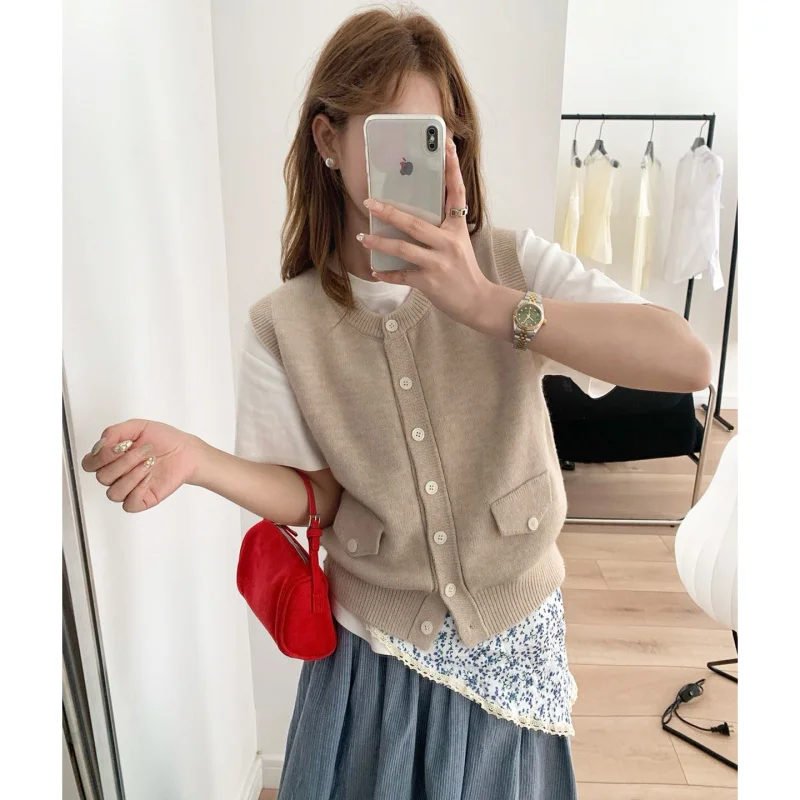 

Абрикосовый кардиган с круглым вырезом, верхняя одежда, элитный вариант в сочетании с юбкой, новый многослойный жилет ранней осени, вязаный свитер без рукавов F