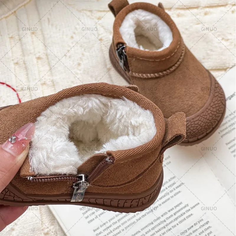 2024 New Winter Baby Snow Boots Leather Warm Plush Infant Shoes Zip Side Soft Sole Fashion Toddler Boys Girls Boots 15-30