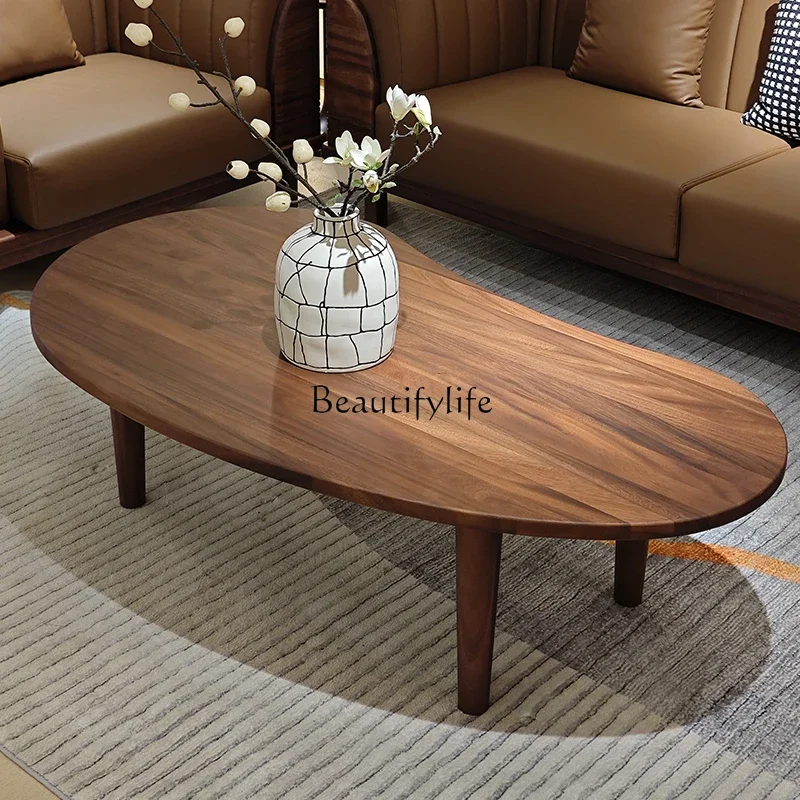 

2 yj15 Minimalist Round Curved Edge Walnut Coffee Table Vintage Style Solid Wood Living Room Tea Table