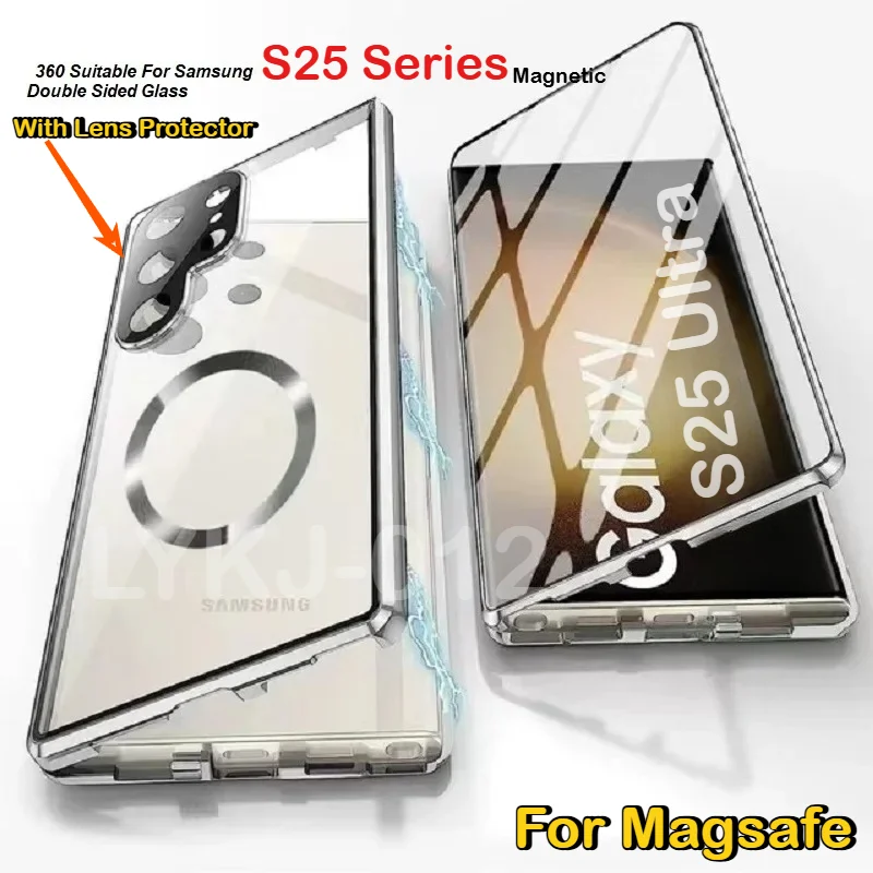 NEW Metal Magnetic Security Lock Double Sided Glass for Magsafe Case for Samsung Galaxy S25 Edge S25 Ultra Plus Protection Cover