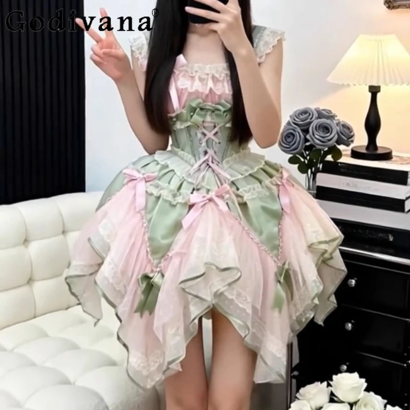 

Elegant Lolita Sweet Lace Square Collar Party Short Princess Dress Cute Girl High Waist A-line Irregular Cake Fairy Dresses
