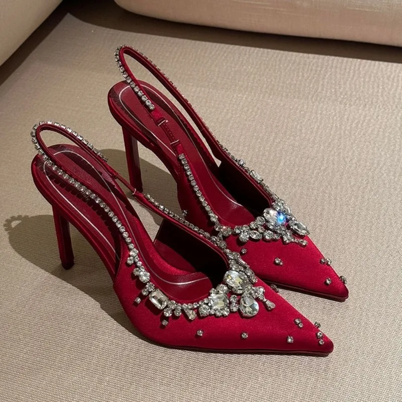 

New Summer Fairy-style Rhinestone Sandals, Pointed Toe, Stiletto Heels, Satin High Heels, Exquisite Crystal Wedding Shoes, Open