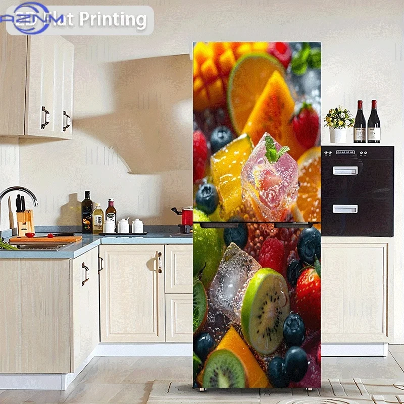 Printing Refrigerator Sticker Chilled Colorful Fruit Platter Theme Scene Wall Decal Self-Adhesive Wallpaper Suitable view 2
