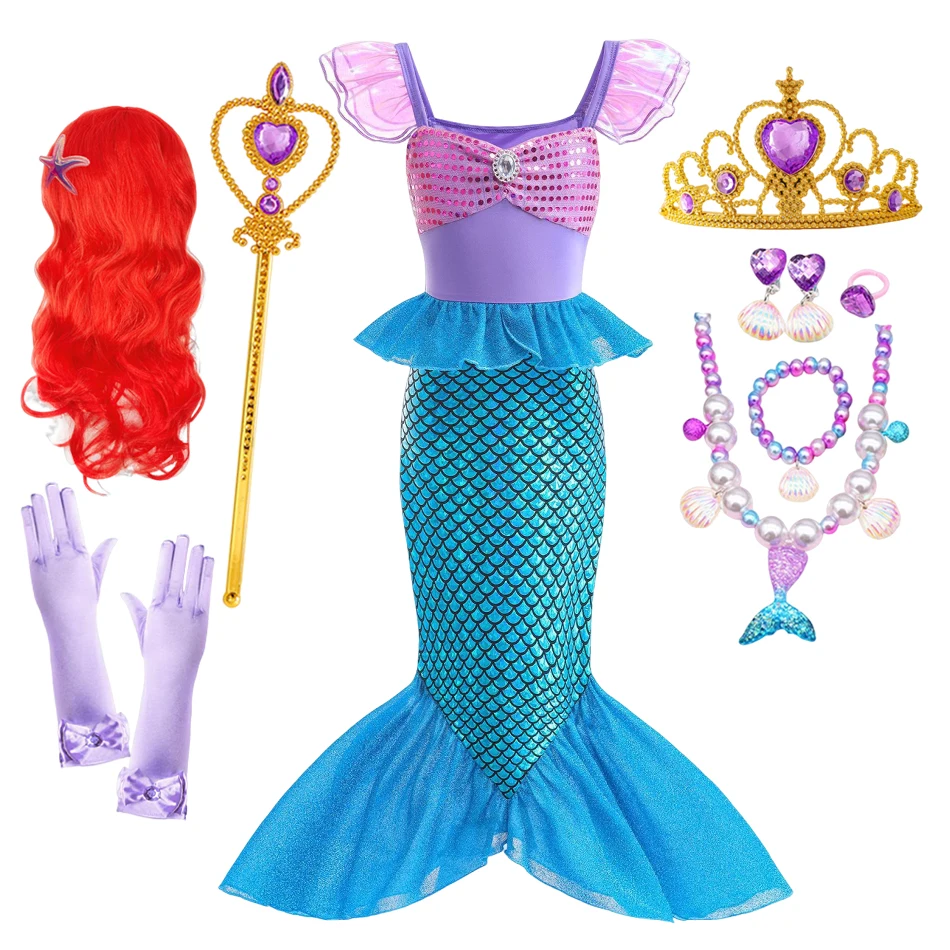 Little Mermaid Dress Girl Charm Princess Cosplay Costume Kids Fish Beauty Birthday Party Halloween Disguise Clothes