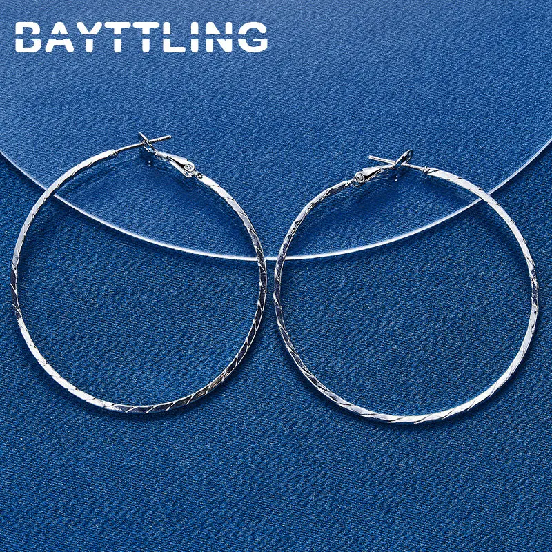 BAYTTLING S925 Sterling Silver 50MM Fine Texture Hip Hop Hoop Earrings For Women Luxury Wedding Gift Fashion Jewelry Accessories