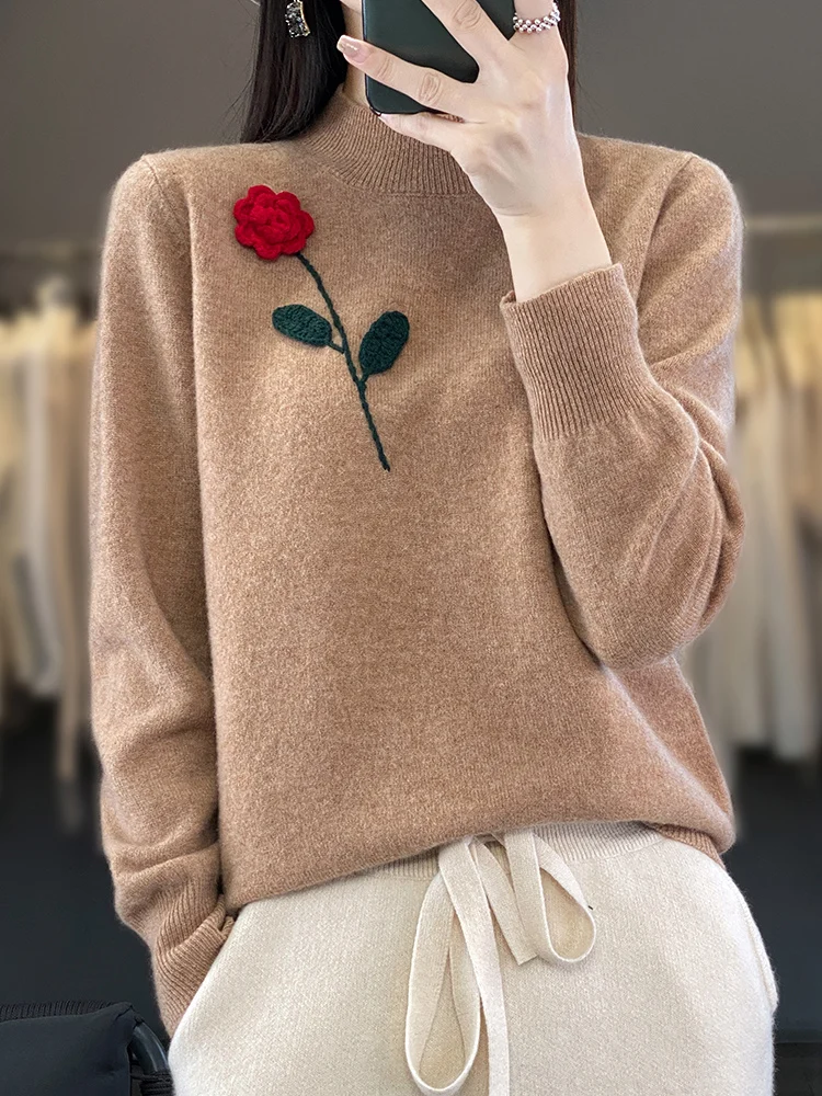 Woman Autumn Winter 100% Merino Wool Sweater Mock-Neck Pullover Cashmere Knitwear 3D Crochet Rose Embroidery Long Sleeve Tops
