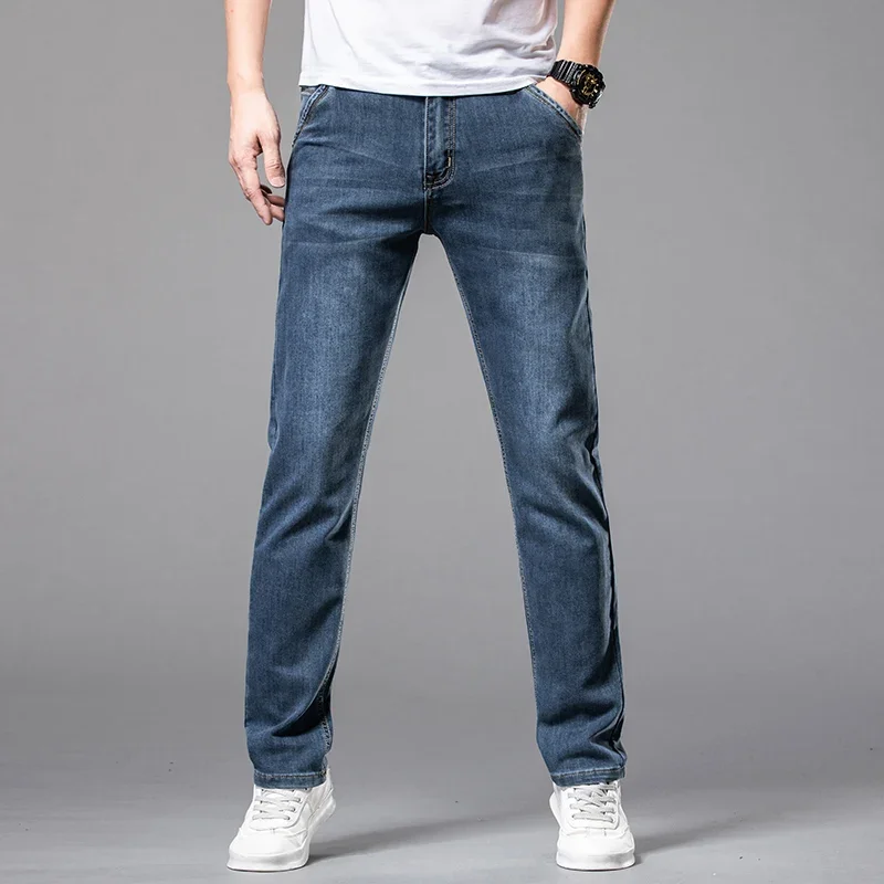 2024New pantalones vaqueros elásticos de ajuste Regular para hombre nueva moda de primavera pantalones vaqueros de algodón informales pantalones vaqueros para hombre