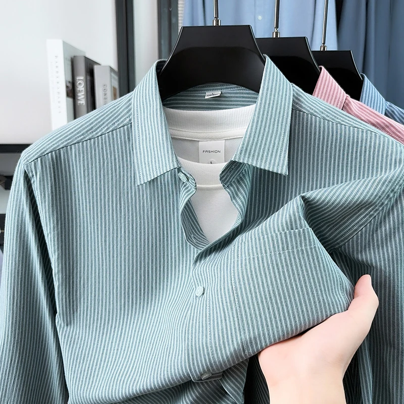 Fashion Personality Striped Long Sleeve Shirt Comfort Men's Spring Autumn High-Quality Casual Simple Pocket Decoration New Top