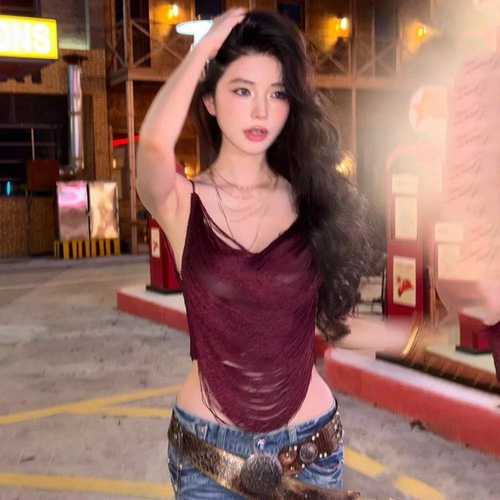 SylCue Sexy Fashion Tank Tops Woman Low-Neck Backless Navel Exposed Irregular Hem Spicy Girls High Street Wild Style Camisole
