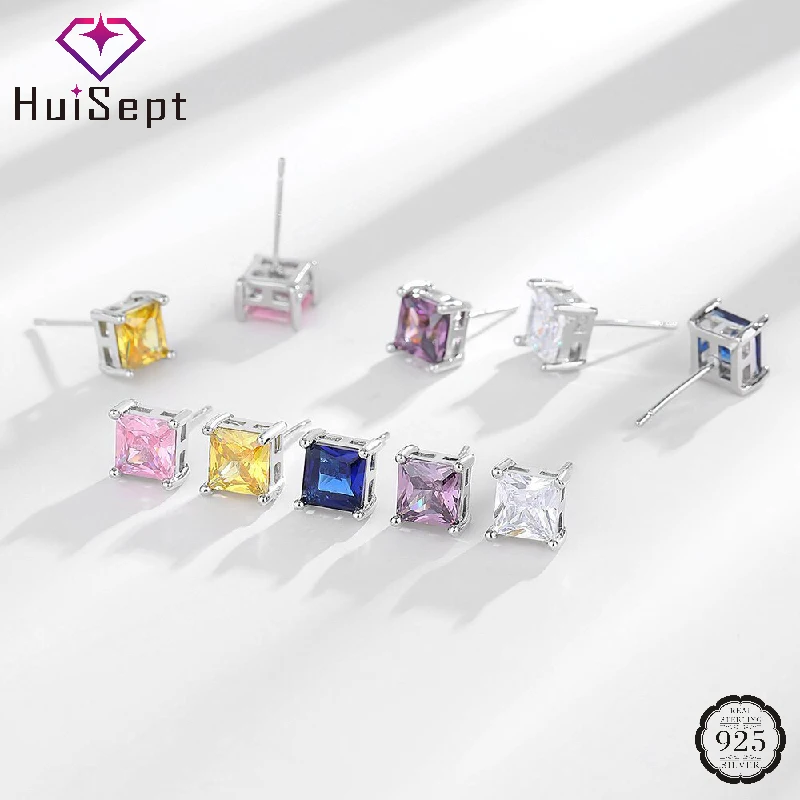 

HuiSept Korean Style Stud Earrings 925 Silver Jewelry Square Zircon Gemstone Accessories for Women Wedding Party Promise Gifts