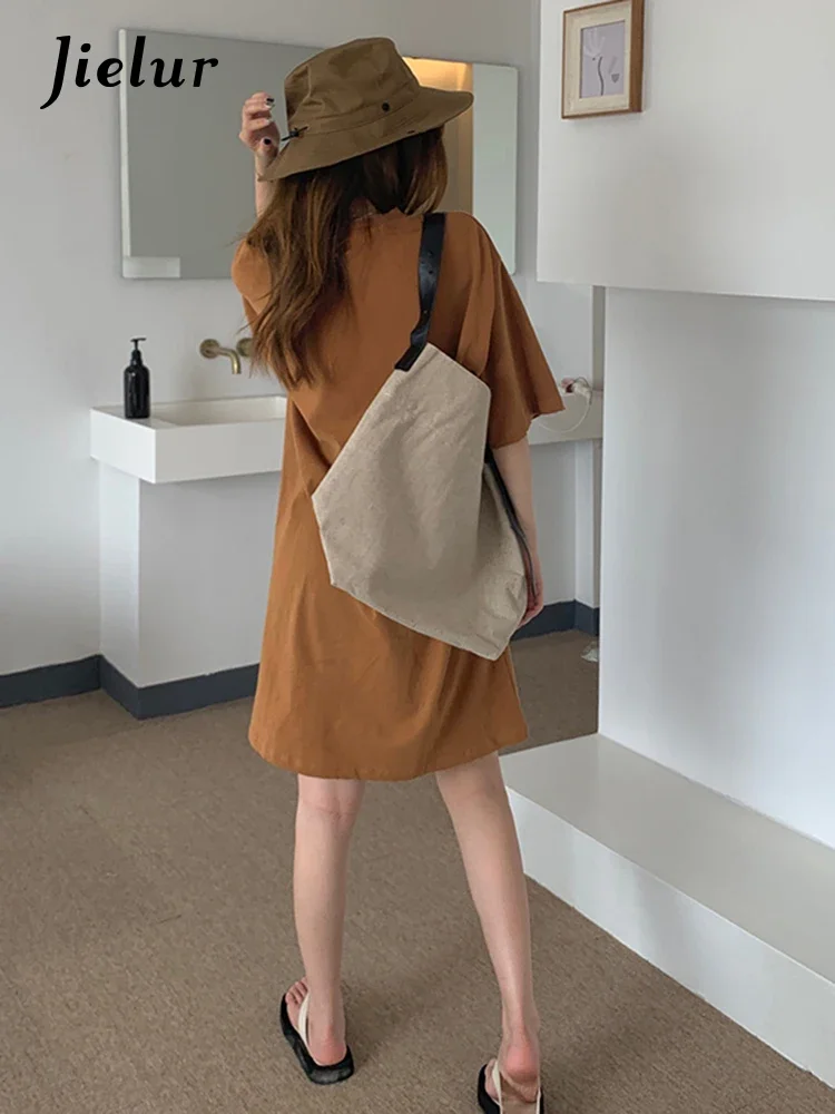 Jielur 여성용 코튼 화이트 원피스, 짧은 소매, 심플하고 루즈한 커피 블랙 원피스, 단색 롱 탑, 여성 드레스 M-XL, 여름