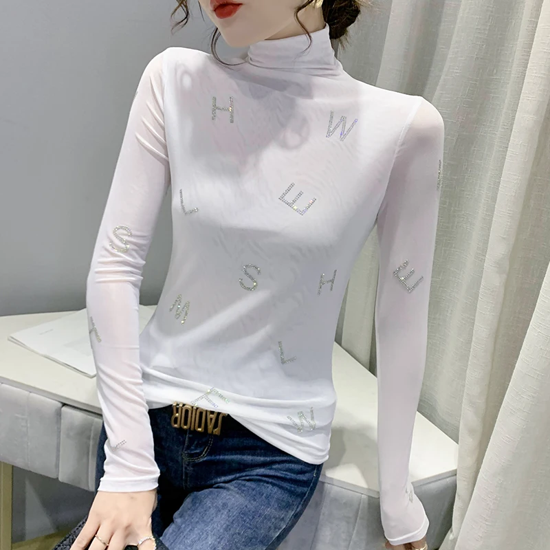 

2023 New Fall Winter European Clothes T-Shirt Chic Sexy Turtleneck Mesh Shiny Diamonds Letter Women Tops Long Sleeve Tees 9315