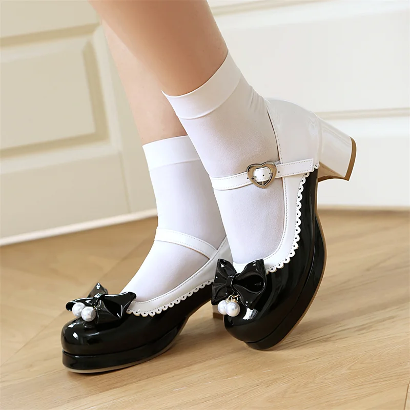 

YMECHIC/2026 модные туфли-лодочки JK Cute Sweet Lolita на платформе с бантом и жемчугом, пряжкой и ремешком на щиколотке, вечерние черные, розовые, синие туфли для женщин