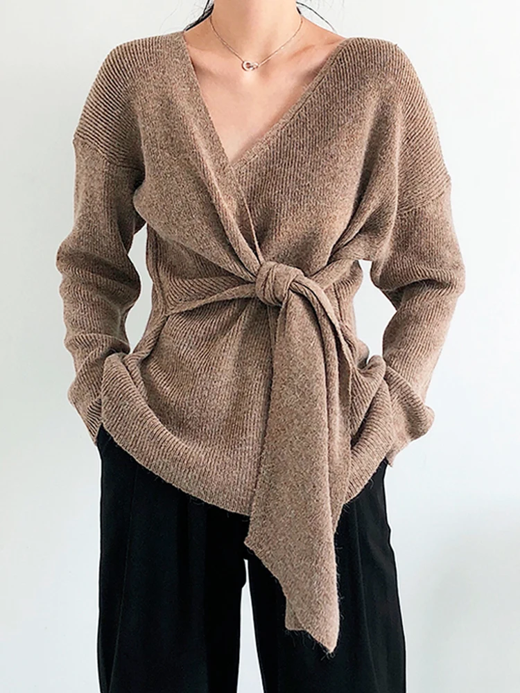 

Clothland женский элегантный вязаный свитер с галстуком-бабочкой и v-образным вырезом с длинным рукавом свободный стильный пуловер женские милые шикарные топы Mujer HA614