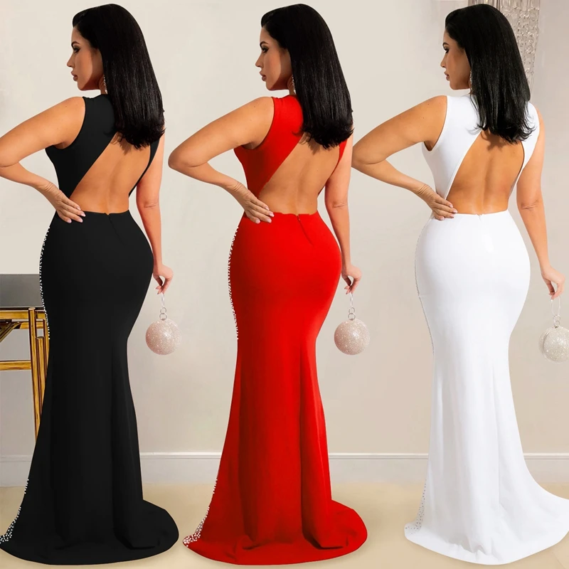 Przezroczysta siateczka Patchwork świecący Rhinestone Bodycon Maxi sukienka kobiety elegancka czerwona Backless ślubna noc klub długa seksowna sukienka