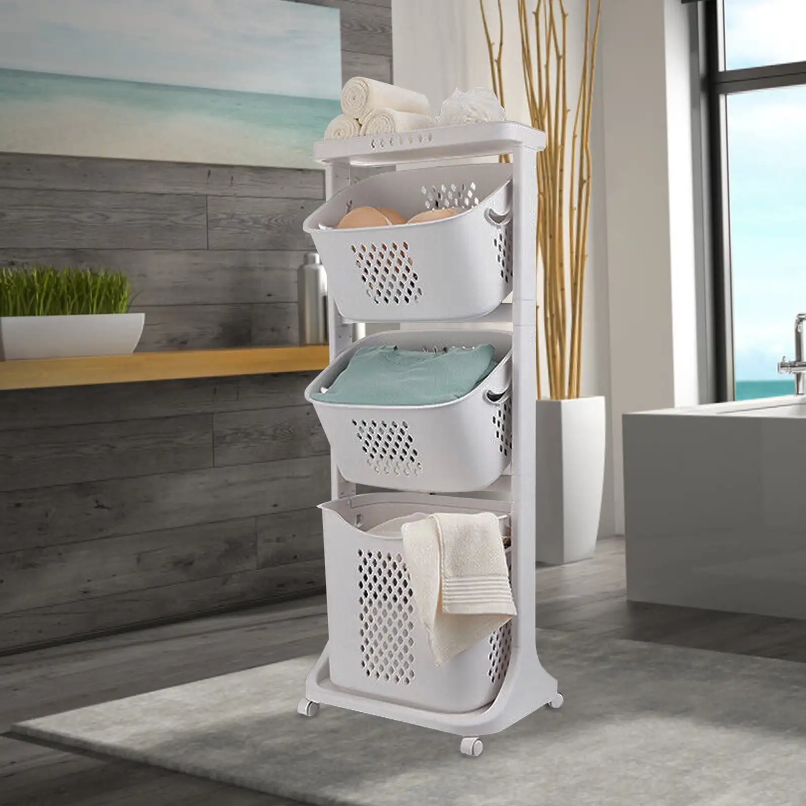 

17"×13"×43" 3-Tier Laundry Hamper Basket Sorter with Wheels Small Clothes Storage Organizer Shelf Rolling Cart for One Person