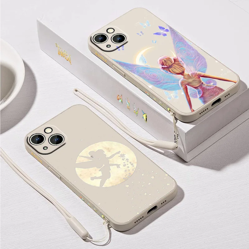 لطيف ديزني تينكر بيل السائل الحبل الأيسر جراب هاتف آيفون 16 15 14 13 12 11 برو ماكس Mini X XR XS 8 7 Plus Funda غطاء ناعم