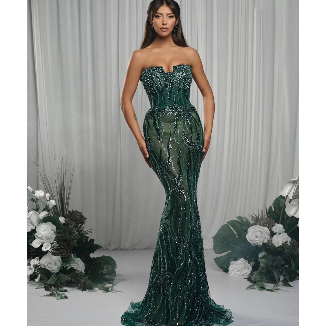 Luxury Mermaid Evening Dresses Sleeveless V Neck Strapless Sequins Beaded Appliques 3D Lace Hollow Prom Dresesses Custom Made