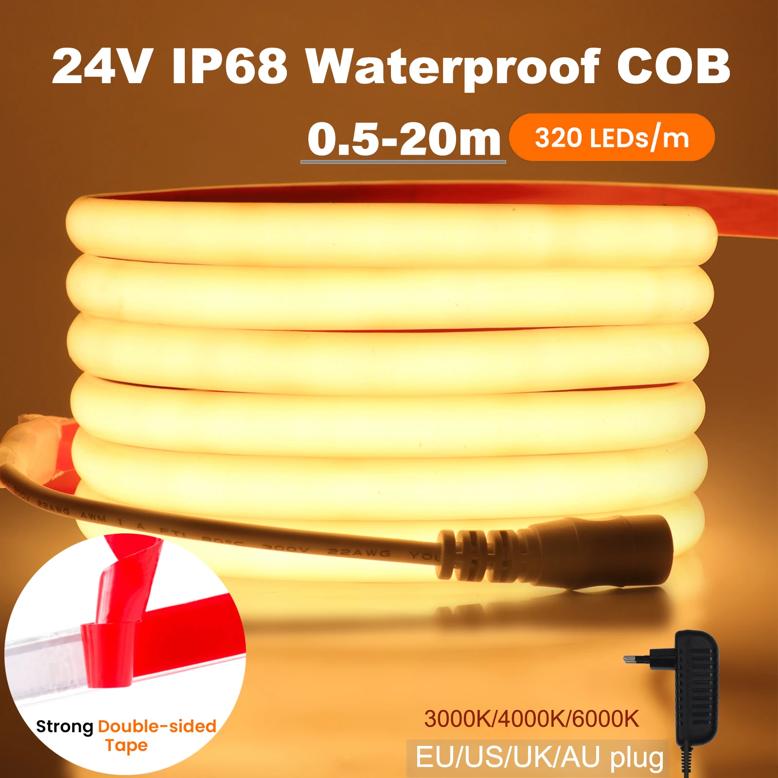 IP68 Waterproof COB LED Strip Neon Light 24V 320 LEDs/m Linear Lighting Led Tape Warm/Natural/Cold White with EU US UK AU Plug