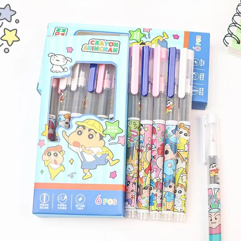 

6Pcs Crayon Shinchans Cartoon Gel Pens School Supplies 0.5mm Quick Drying Neutral Pen Straight Liquid Pen Stationery Writing