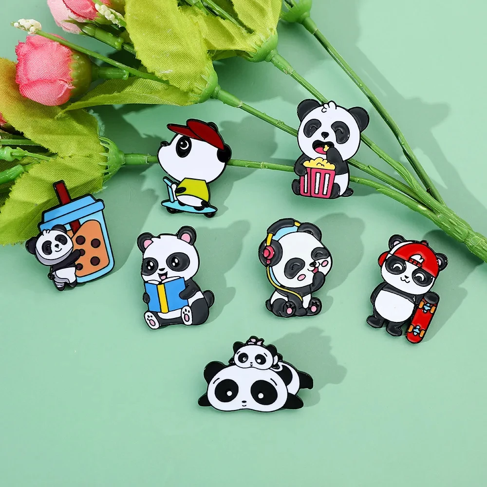 Alfileres esmaltados de la serie Panda para niños, broches de Pandas de lectura Kawaii, insignias de dibujos animados para mochila, ropa, regalos para niños